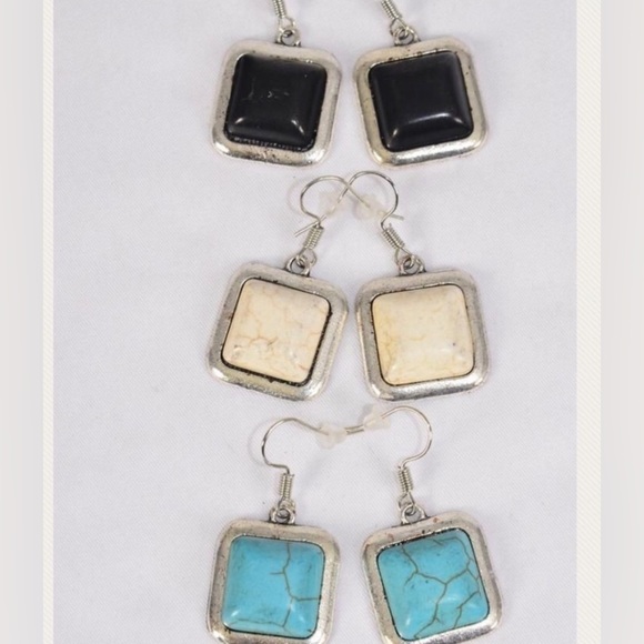Women’s Vintage Square Semiprecious Stone Earrings Silvertone - Picture 11 of 13